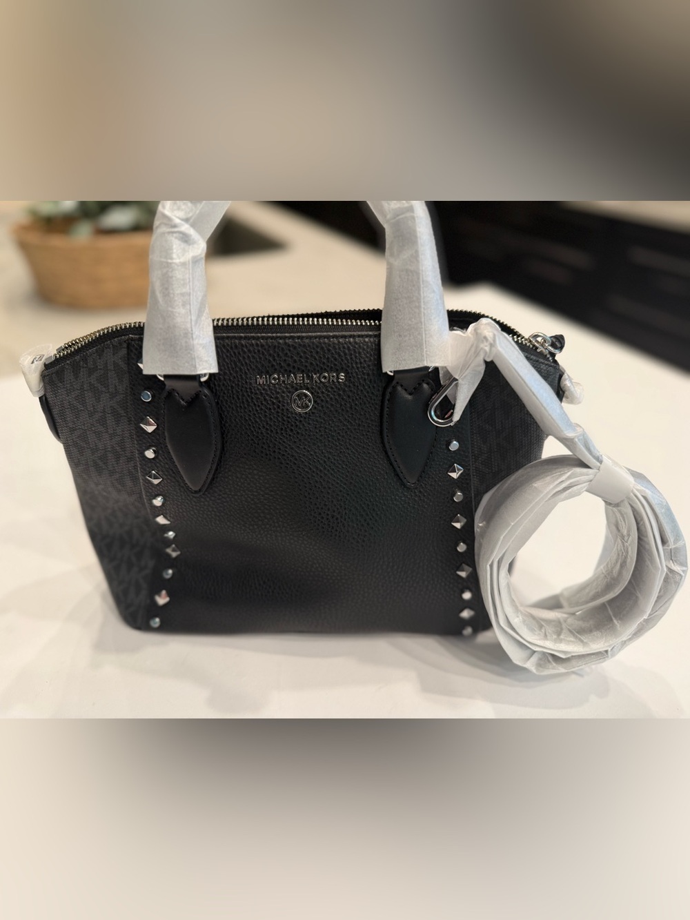 Michael Kors Black Leather Studded Satchel with Silver Hardware
